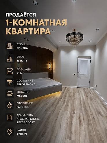 Недвижимость: 1 комната, 42 м², Тунгуч мкр Элитка, 13 этаж, Евроремонт — 1