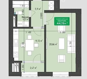 1 комната, 44 м², Элитка, 7 этаж, Готовая ПСО (под самоотделку) — 3