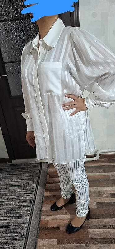 рубашки муж: Женские рубашки-туники свободного кроя - Модель 1: белая удлинённая — 3