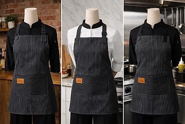 мектепке кийим: Фартук кухонный унисекс, черный в тонкую белую полоску. - Материал — 2