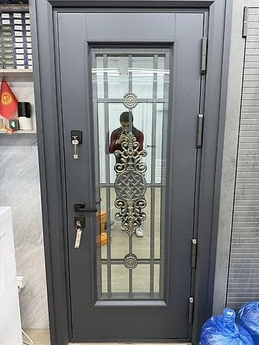 Двери для домов и квартир, Металлическая, Со стеклом, цвет - Серый