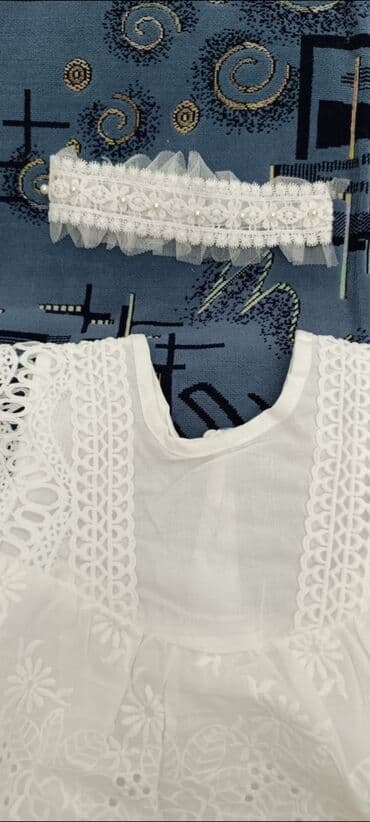 Балдардын башка кийимдери: Девочков. одежда: белое хлопк.нарядное платье с ободочком и носочками — 9