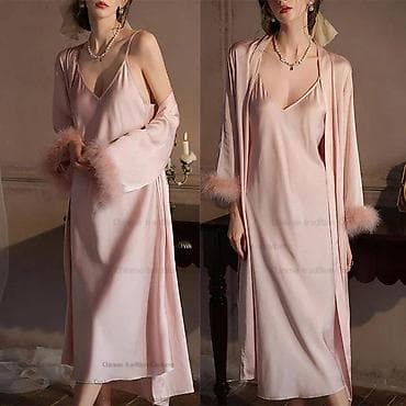 женщины в пеньюарах: Комплект, Пеньюар, Атлас, С перьями — 7