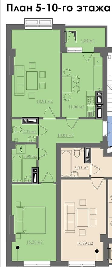 2 8: 2 комнаты, 71 м², Элитка, 10 этаж, Готовая ПСО (под самоотделку) — 4
