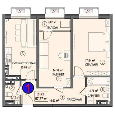 парковая: 2 комнаты, 67 м², Элитка, Селекционное с. Элитка, 9 этаж, ПСО (под самоотделку) — 2