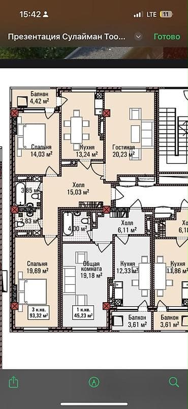 Квартиры: 3 комнаты, 93 м², Ошский рынок / базар Элитка, 12 этаж, ПСО (под самоотделку) — 2