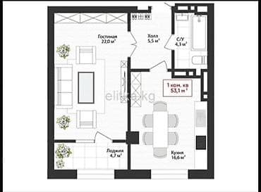 104 1 комнат: 1 комната, 53 м², Элитка — 2