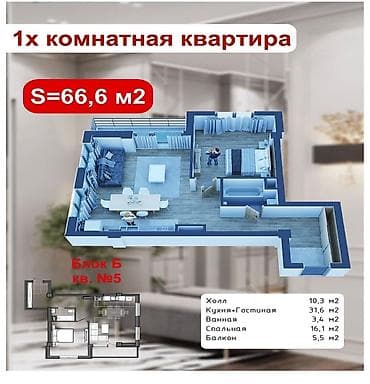Недвижимость: 2 комнаты, 67 м², Элитка, Аламединский рынок / базар Элитка, 5 этаж, ПСО (под самоотделку) — 6