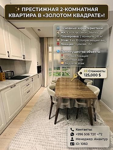 Недвижимость: 3 комнаты, 61 м², Золотой квадрат Элитка, 9 этаж, Свежий ремонт — 1