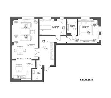3: 3 комнаты, 96 м², 4 этаж — 1