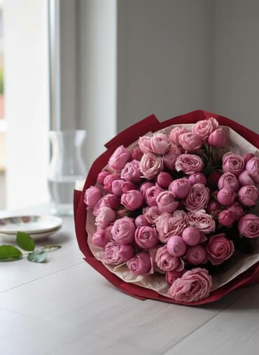 резные цветы: Пышный букет пионовидных роз в розовых тонах. - Состав: крупные — 1