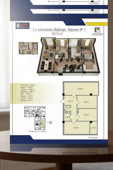 квартира берилет 3000: 3 бөлмө, 90 м², Элитка, 7 кабат, ПСО (өзү оңдоп түзөтүп бүтүү үчүн) — 1