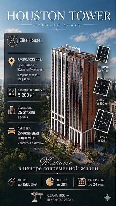 квартиры от застройщика: HOUSTON TOWER — премиум‑класс Локация: - перекресток улиц Сухэ-Батора — 1