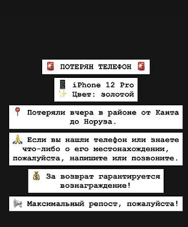 Табылгалар кеңсеси: ПОТЕРЯН ТЕЛЕФОН 7.06.2026 Модель: iPhone 12 Pro Цвет: золотой Где — 1