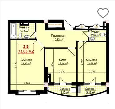 барнхаус цена: 2 комнаты, 73 м², Ак-Кеме Элитка, 8 этаж, ПСО (под самоотделку) — 4