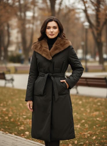 срочно продаю в связи с переездом: Стеганое женское пальто-халат с поясом и меховым воротником.Прощлом — 1