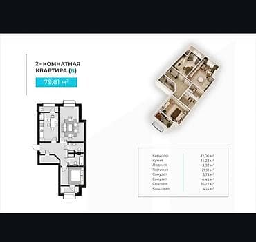 квартиру 3х комнатную: 2 комнаты, 80 м², 7 этаж, Готовая ПСО (под самоотделку) — 8