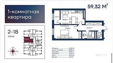 75: 1 комната, 60 м², Южная Магистраль Элитка, 9 этаж — 3