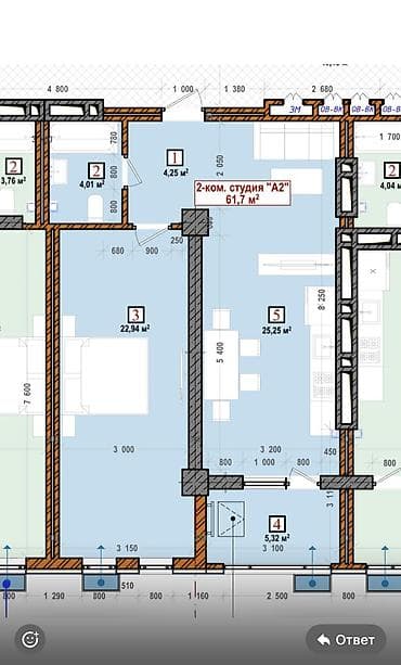 2 комнаты, 61 м², Элитка, 11 этаж, ПСО (под самоотделку) — 2