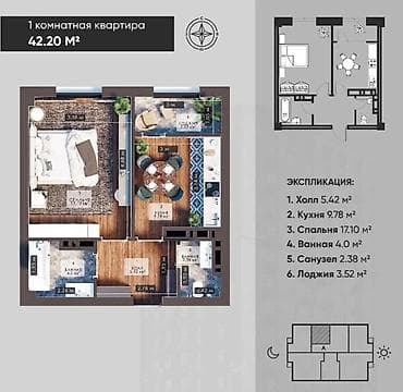 Продажа квартир: 1 комната, 42 м², Элитка, 8 этаж, Готовая ПСО (под самоотделку) — 3