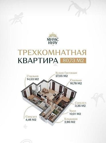 Квартиры: 2 комнаты, 80 м², Элитка, 7 этаж, Готовая ПСО (под самоотделку) — 1