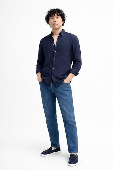 рубашка джинсовая: Мужская рубашка с длинным рукавом из 100% льна тёмно‑синей цвет, под — 2