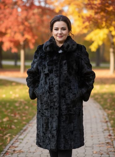 Шуба из натурального меха в насыщенном черном цвете. - Классический