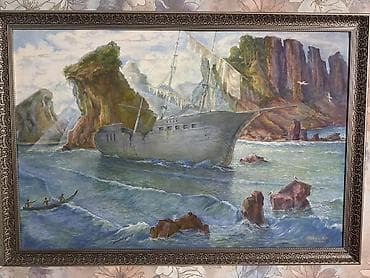 Вазы: Картина «Корабль у скал» в раме - Жанр: морской пейзаж с элементами — 2