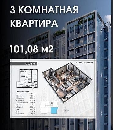 3 комнаты, 101 м², Элитка, 9 этаж, ПСО (под самоотделку) — 1