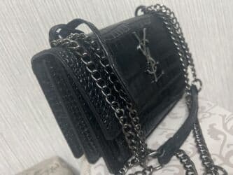 портфель для документов: Сумка через плечо в стиле YSL, черная, под крокодила - Материал — 2