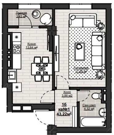 1: 1 комната, 43 м², АУЦА Элитка, 5 этаж, ПСО (под самоотделку) — 4