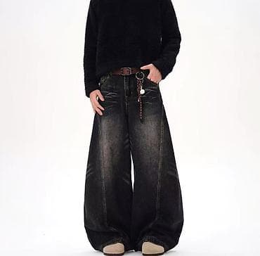 мужские барсетки: Широкие джинсы Baggy / Wide Leg – чёрный винтаж Стильные широкие — 4