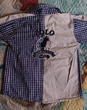 надпись на футболке: Рубашка, цвет - Голубой, Б/у — 4