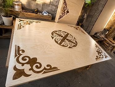 small table: Складной круглый дастархан из березовой фанеры с орнаментом - — 8