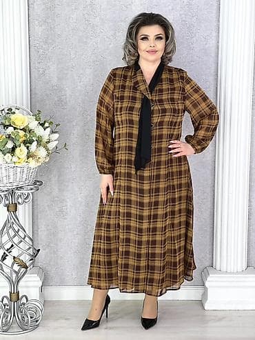Платье миди в клетку для женщин plus size - Свободный А‑силуэт, длина