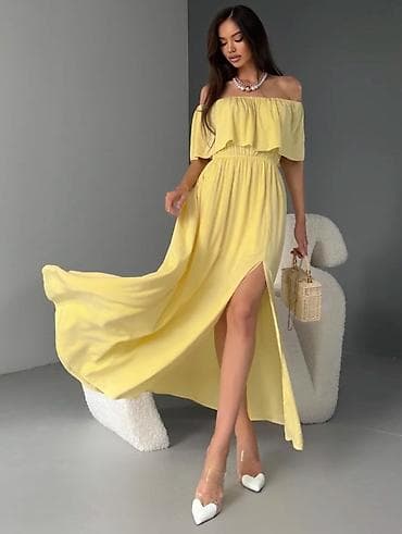 открытые плечи: Элегантное желтое макси-платье с открытыми плечами, идеально — 5