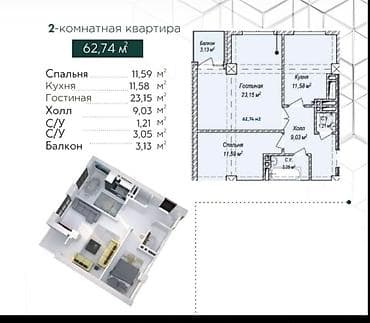 alim: 2 комнаты, 62 м², Аламедин-1 мкр Элитка, 6 этаж, ПСО (под самоотделку) — 2