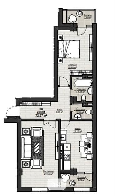 квартииа: 2 комнаты, 73 м², Элитка, 11 этаж, Готовая ПСО (под самоотделку) — 1