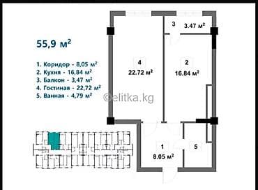 554: 1 комната, 55 м², Элитка, 8 этаж, ПСО (под самоотделку) — 1