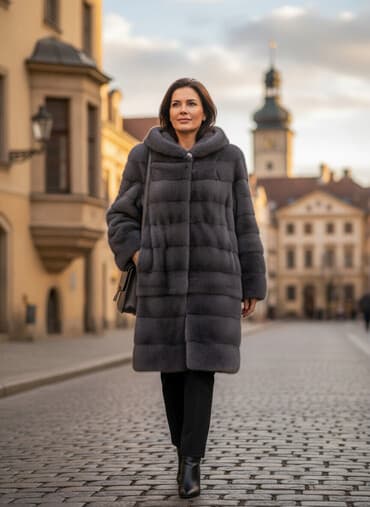 Атайын кийим: Шуба, Норка, Тизеден, Капюшону бар, L — 1