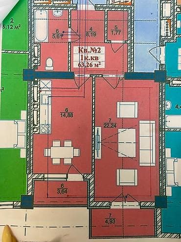 49: 1 комната, 63 м², 12 мкр Элитка, 9 этаж, ПСО (под самоотделку) — 2