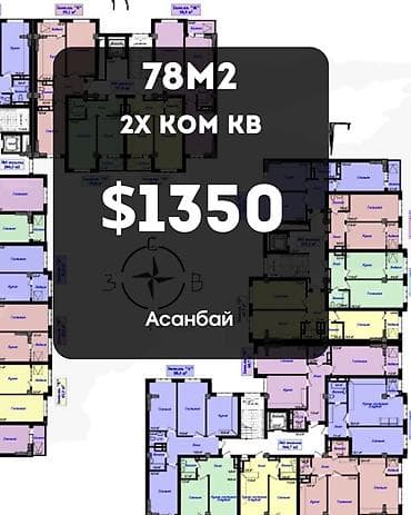 Батирлер: 2 бөлмө, 78 м², Асанбай мкр Элитка, 3 кабат, ПСО (өз алдынча бүтүрүү) — 1