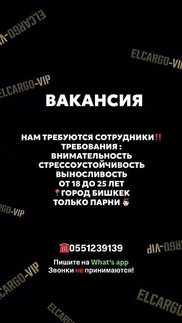 Вакансии от elcargo_vip 1) Бишкек - Требуются сотрудники -