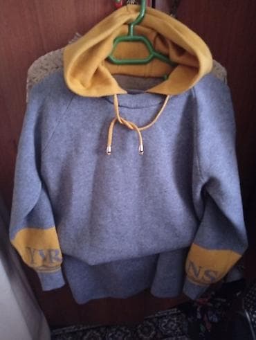 теплые вещи: Толстовка с капюшоном - Цвет: серый меланж с горчично-жёлтыми — 1