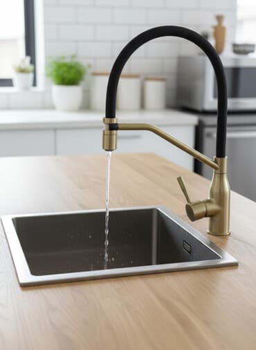 Кухонный смеситель с гибким черным изливом. Металлический корпус