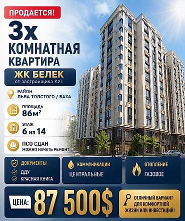 3 комнаты, 86 м², Пишпек Элитка, 6 этаж, ПСО (под самоотделку)