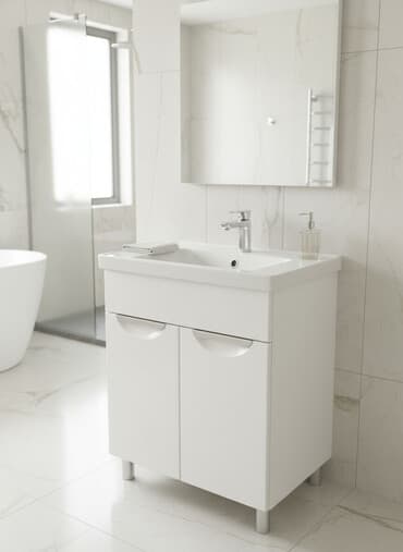 шкафы для ванн: Белая тумба для ванной комнаты с интегрированной раковиной и двумя — 1