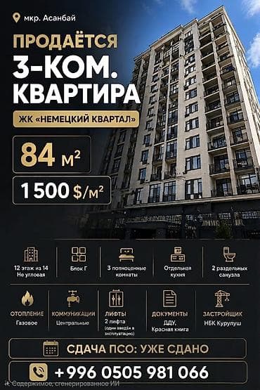 жк каусар: 3 комнаты, 84 м², Элитка, 12 этаж, Готовая ПСО (под самоотделку) — 1