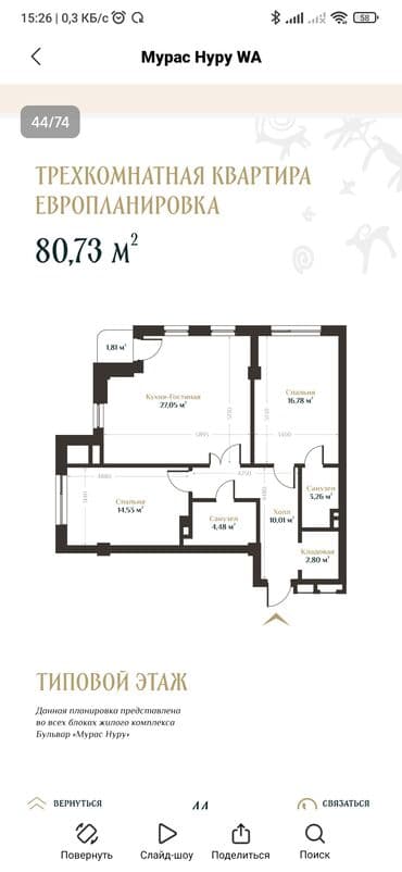 мурас роял: 3 бөлмө, 80 м², Элитка, 5 кабат, ПСО (өзү оңдоп түзөтүп бүтүү үчүн) — 1