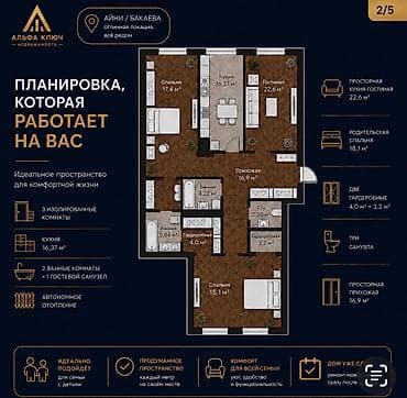 Батирлер: 3 бөлмө, 117 м², Ахунбаев / Чапаев көч. Элитка, 12 кабат, ПСО (өз алдынча бүтүрүү) — 6